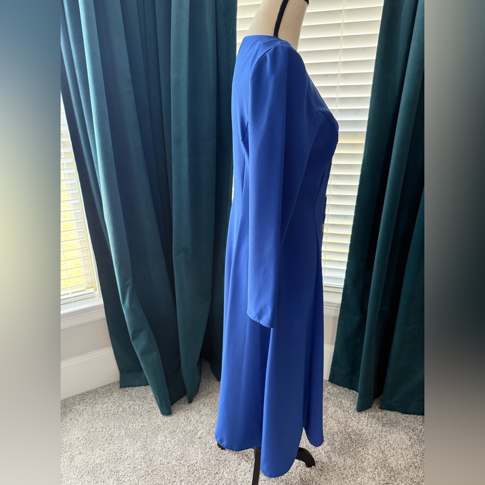 Vintage St Michael Blue Midi Dress with Gold Flower Buttons - Picture 5 of 10